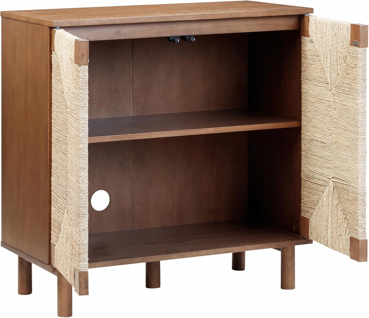 Nathan James Beacon Boho Accent Cabinet with Doors, TV Stand with Adjustable Interior Shelf and Seagrass Accent, Dark Brown, Set of 2