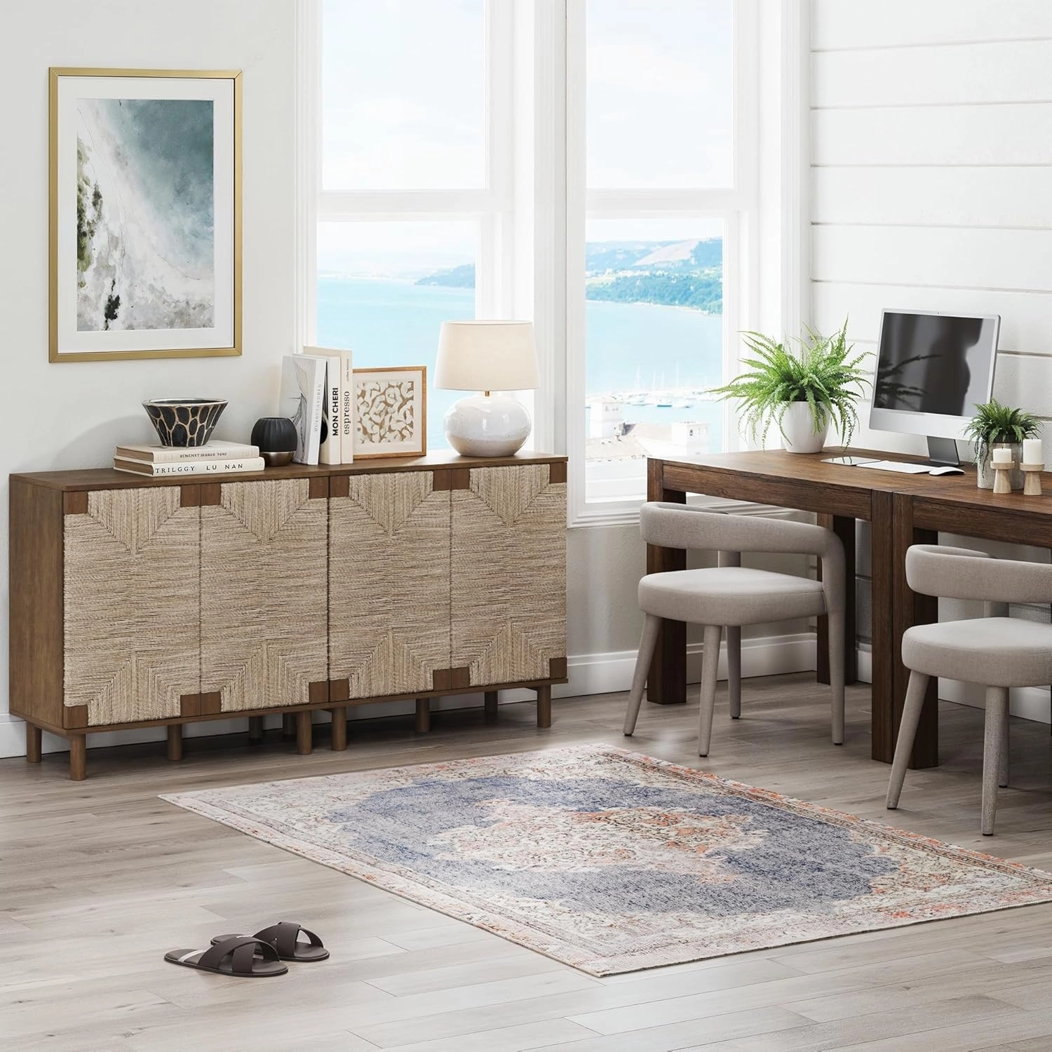 Nathan James Beacon Boho Accent Cabinet with Doors, TV Stand with Adjustable Interior Shelf and Seagrass Accent, Dark Brown, Set of 2