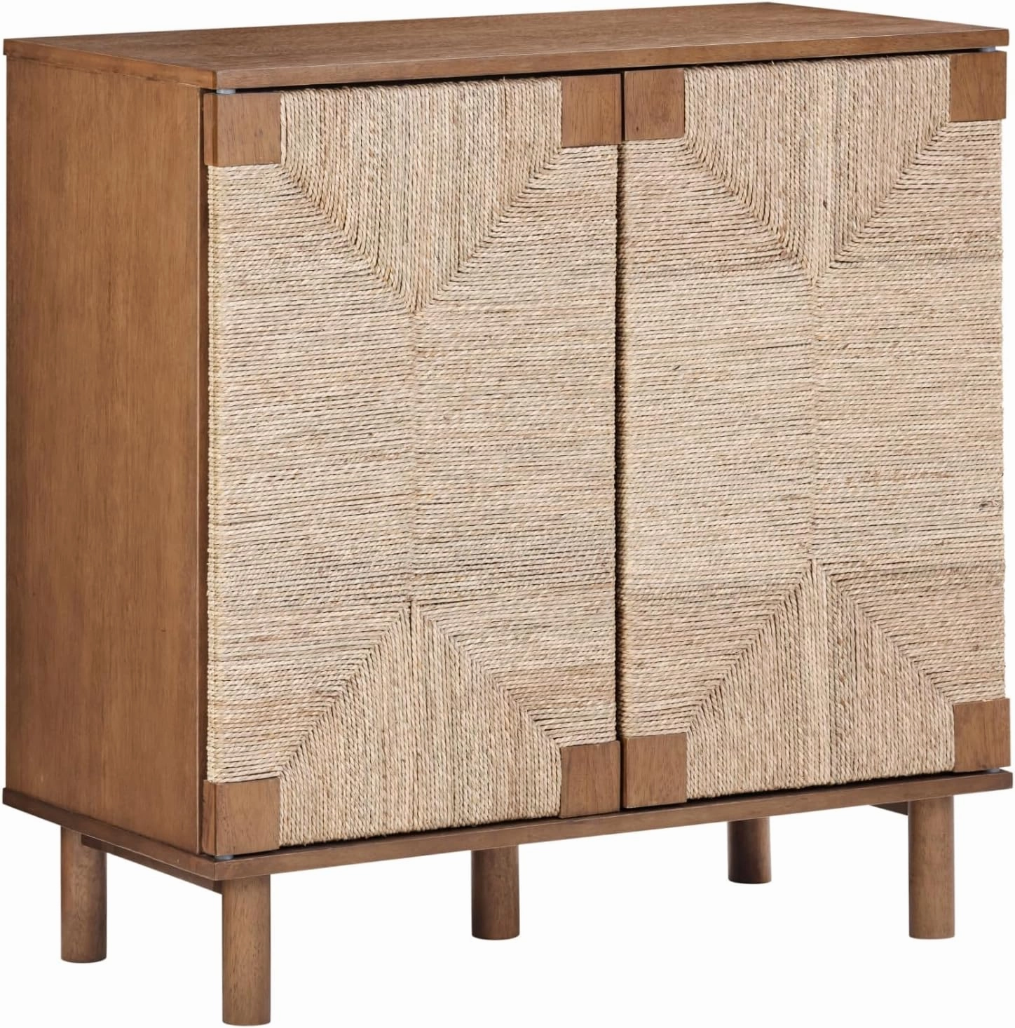Nathan James Beacon Boho Accent Cabinet with Doors, TV Stand with Adjustable Interior Shelf and Seagrass Accent, Dark Brown, Set of 2