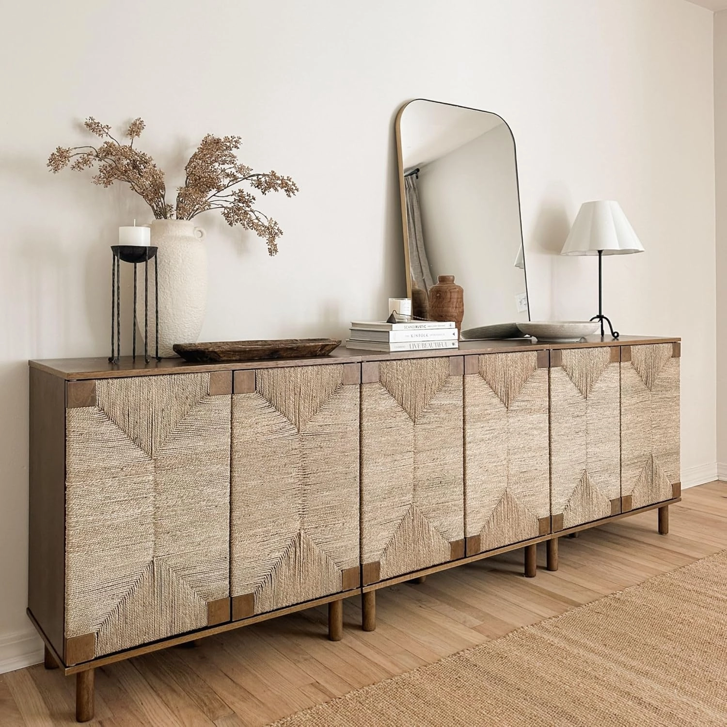 Nathan James Beacon Boho Accent Cabinet with Doors, TV Stand with Adjustable Interior Shelf and Seagrass Accent, Dark Brown, Set of 2