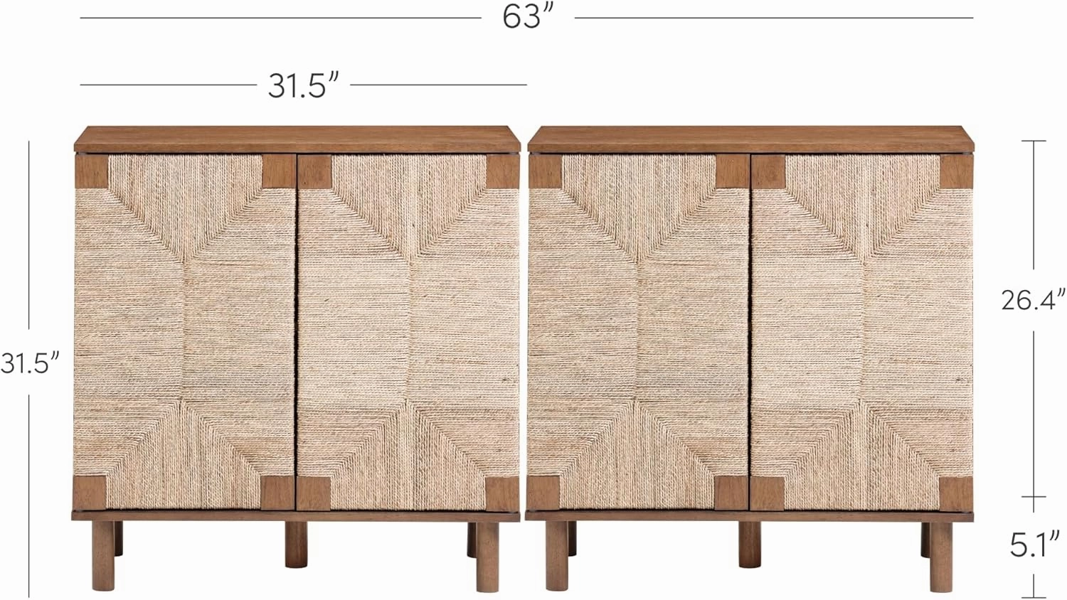 Nathan James Beacon Boho Accent Cabinet with Doors, TV Stand with Adjustable Interior Shelf and Seagrass Accent, Dark Brown, Set of 2