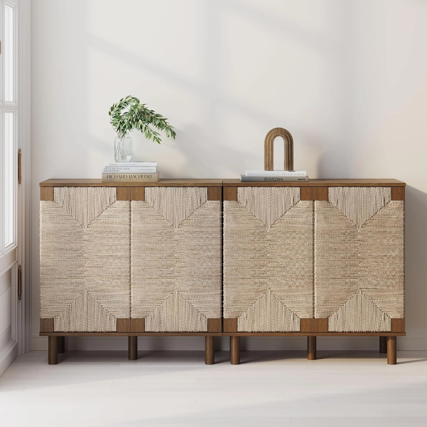 Nathan James Beacon Boho Accent Cabinet with Doors, TV Stand with Adjustable Interior Shelf and Seagrass Accent, Dark Brown, Set of 2