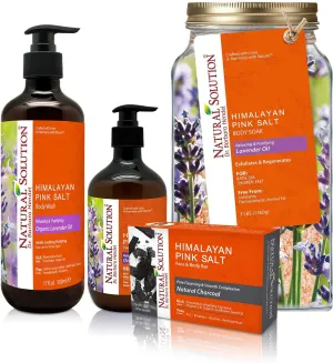Natural Solution Bath & Body Gift Set with Relaxing Lavender Oil, Includes Body Wash, Hand Soap, Charcoal Soap Bar and Bath Salt, Perfect Gifts Set for Birthday & Christmas