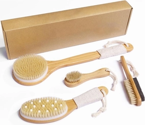 Natural Body Brush Set, 4 Piece Dry Brushing Kit with Long Handle, Exfoliating Massage Brushes for Shower and Skin Care
