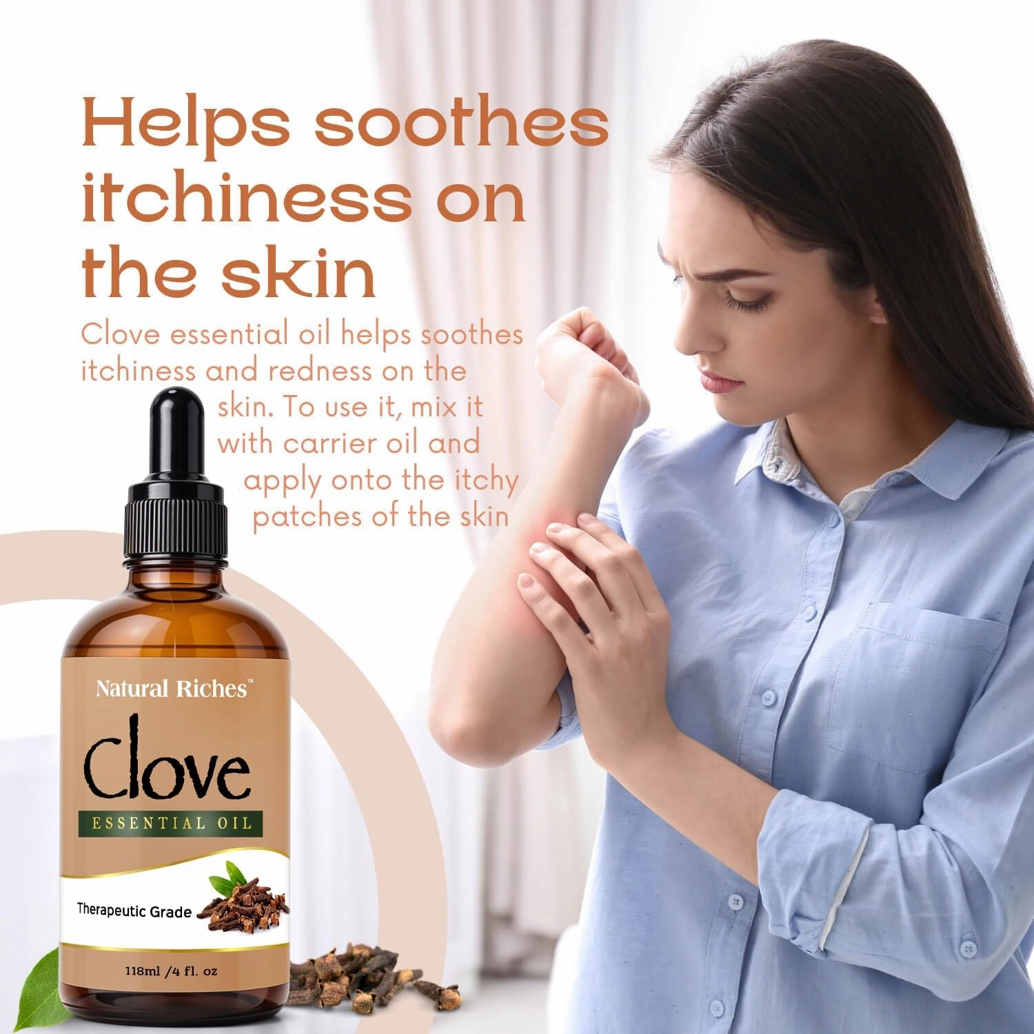 Natural Riches Pure Clove Essential Oil 4 Fl Oz, Therapeutic Grade for Tooth Ache Soothes Sore Muscles Clove Bud Oil Essential Oil for Teeth, Gums, Toothache, Skin Use and Hair Care.