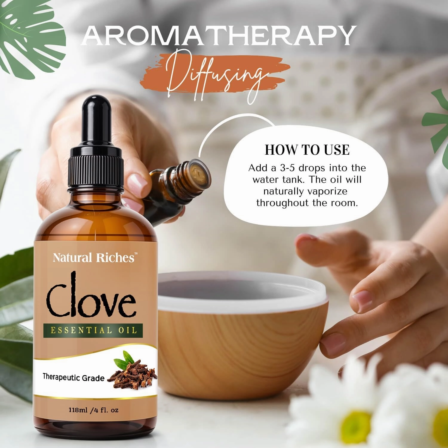 Natural Riches Pure Clove Essential Oil 4 Fl Oz, Therapeutic Grade for Tooth Ache Soothes Sore Muscles Clove Bud Oil Essential Oil for Teeth, Gums, Toothache, Skin Use and Hair Care.