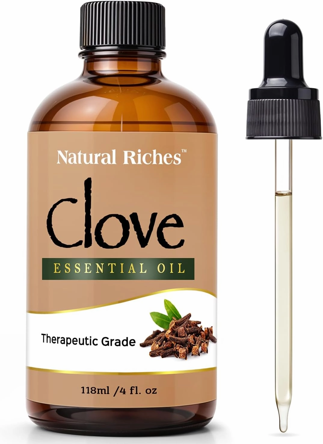 Natural Riches Pure Clove Essential Oil 4 Fl Oz, Therapeutic Grade for Tooth Ache Soothes Sore Muscles Clove Bud Oil Essential Oil for Teeth, Gums, Toothache, Skin Use and Hair Care.