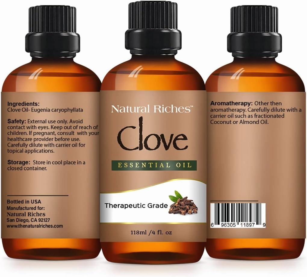 Natural Riches Pure Clove Essential Oil 4 Fl Oz, Therapeutic Grade for Tooth Ache Soothes Sore Muscles Clove Bud Oil Essential Oil for Teeth, Gums, Toothache, Skin Use and Hair Care.