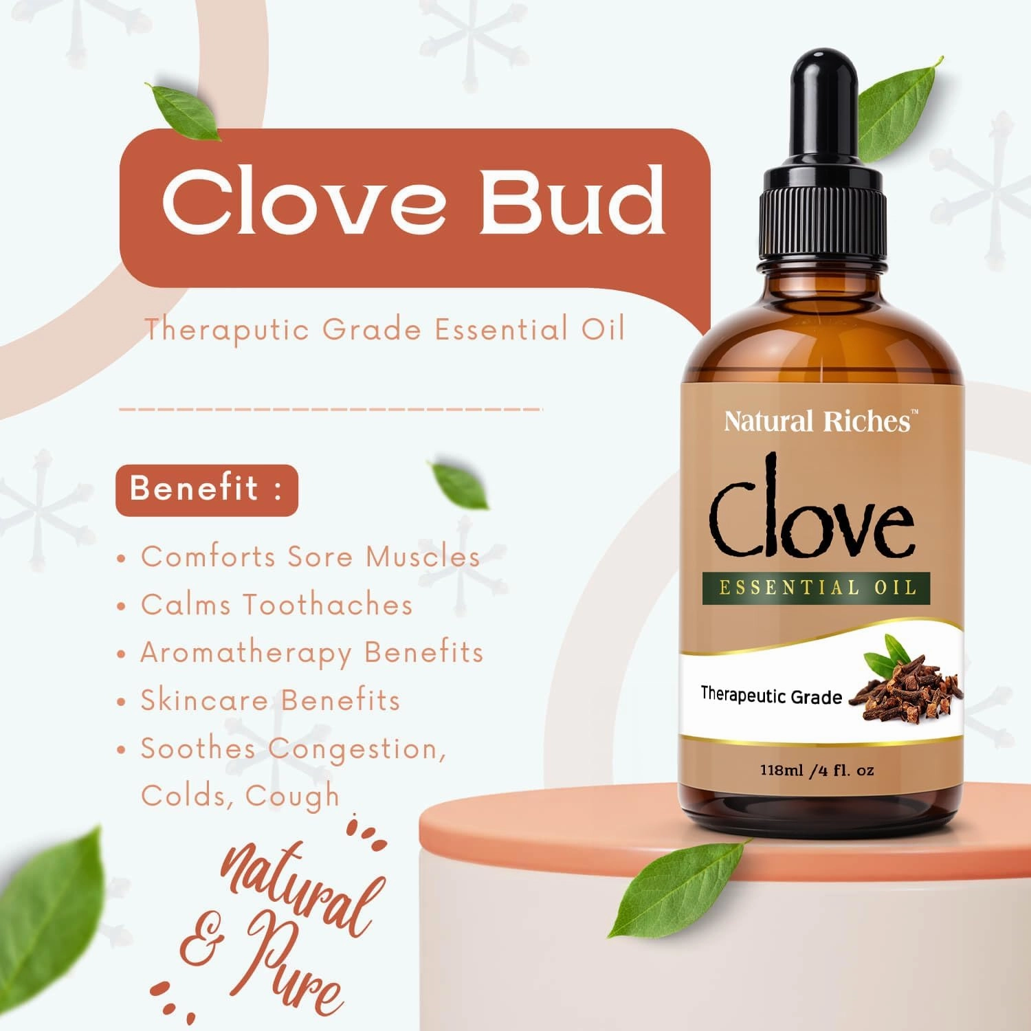 Natural Riches Pure Clove Essential Oil 4 Fl Oz, Therapeutic Grade for Tooth Ache Soothes Sore Muscles Clove Bud Oil Essential Oil for Teeth, Gums, Toothache, Skin Use and Hair Care.