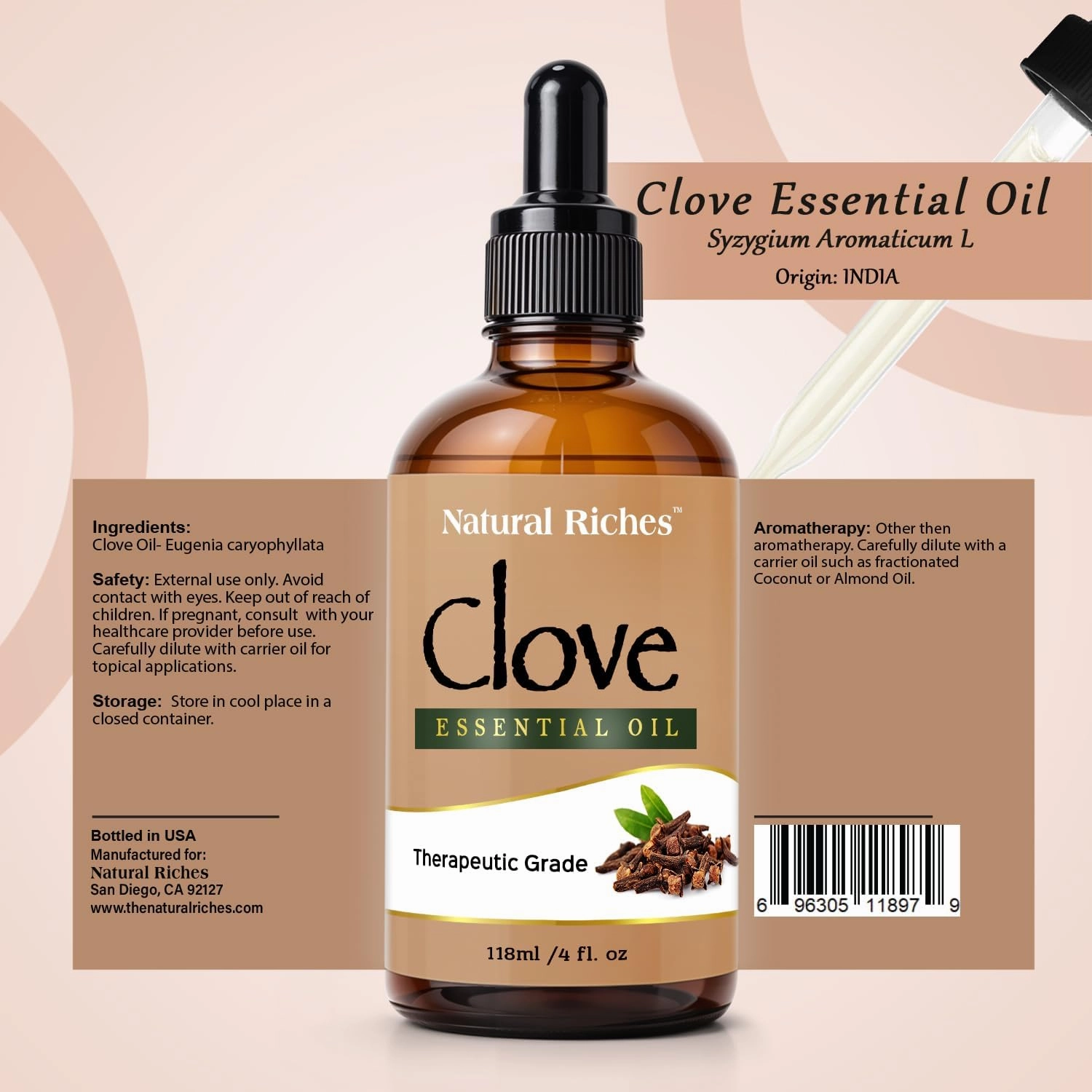 Natural Riches Pure Clove Essential Oil 4 Fl Oz, Therapeutic Grade for Tooth Ache Soothes Sore Muscles Clove Bud Oil Essential Oil for Teeth, Gums, Toothache, Skin Use and Hair Care.