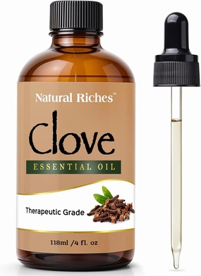 Natural Riches Pure Clove Essential Oil 4 Fl Oz, Therapeutic Grade for Tooth Ache Soothes Sore Muscles Clove Bud Oil Essential Oil for Teeth, Gums, Toothache, Skin Use and Hair Care.