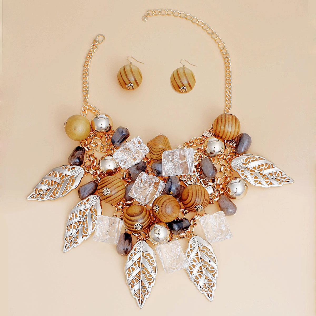 Necklace Stunning Wood Stone Leaf Bib Set Women