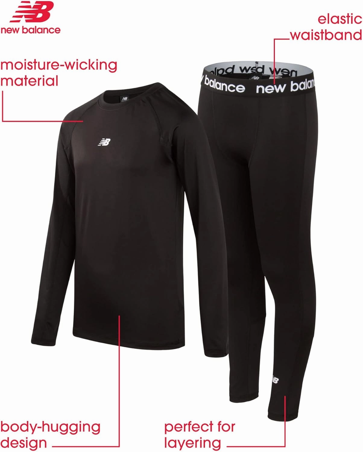 New Balance Boys' Performance Underwear Set - Base Layer Long Sleeve T-Shirt and Tights