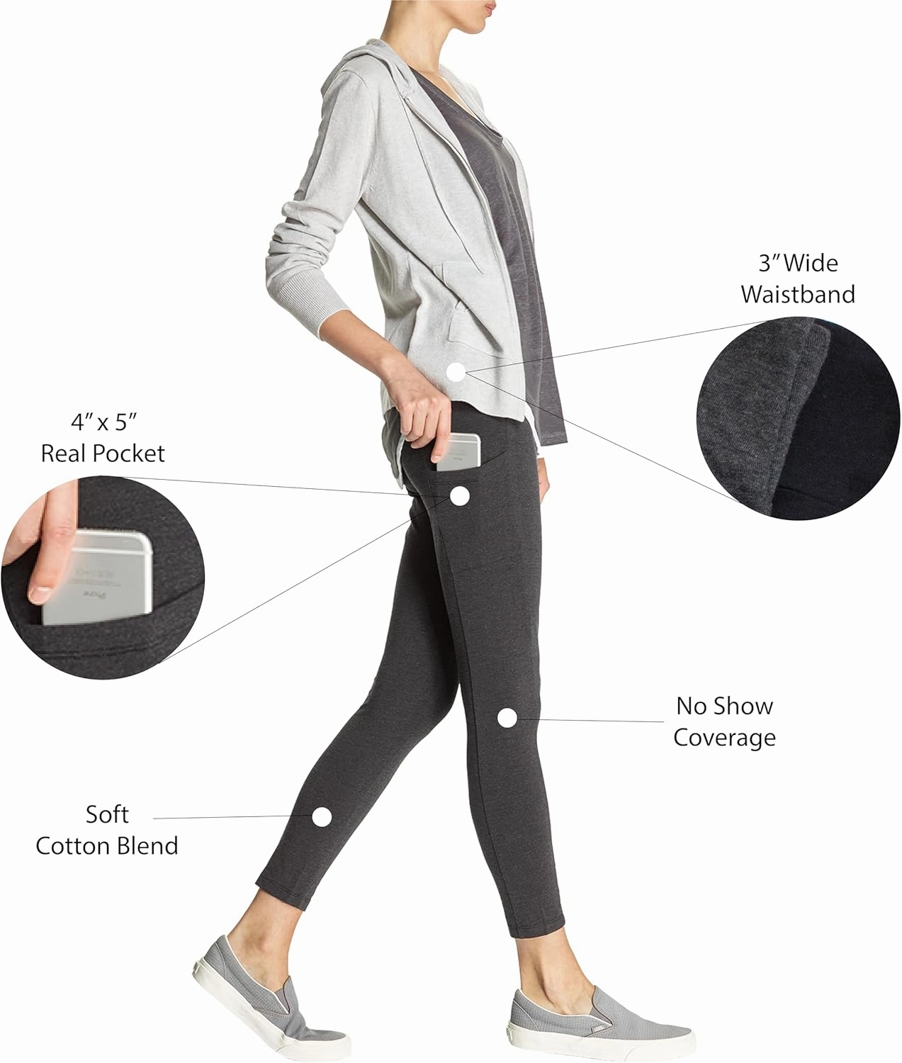 No Nonsense Women's Soft Cotton Leggings with Side Pockets Workout Stretch Pull On Pants