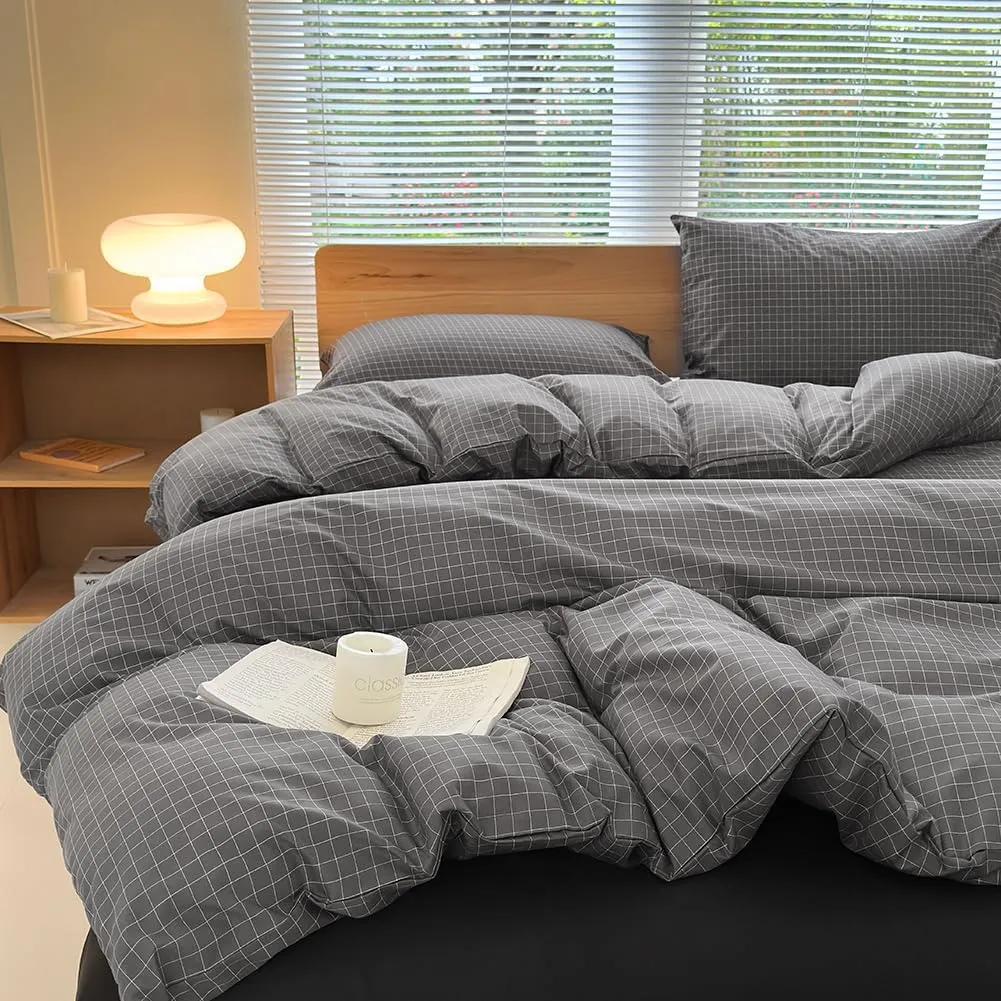 NSNLGSGC Gray Plaid Duvet Cover Set King,Charcoal Grid Simple Geometric Square Pattern Comforter Cover,Soft Washed Microfiber Bedding Cover (3PCS,King)