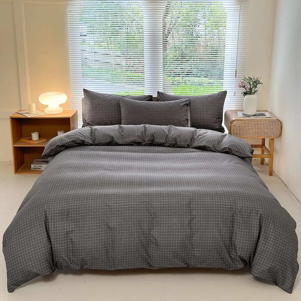 NSNLGSGC Gray Plaid Duvet Cover Set King,Charcoal Grid Simple Geometric Square Pattern Comforter Cover,Soft Washed Microfiber Bedding Cover (3PCS,King)