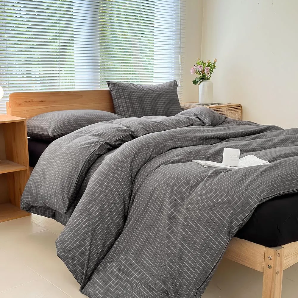 NSNLGSGC Gray Plaid Duvet Cover Set King,Charcoal Grid Simple Geometric Square Pattern Comforter Cover,Soft Washed Microfiber Bedding Cover (3PCS,King)