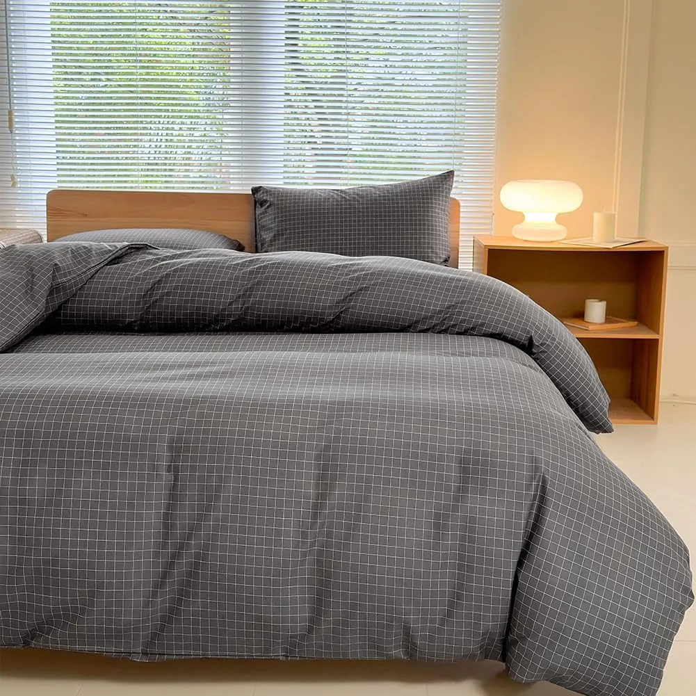 NSNLGSGC Gray Plaid Duvet Cover Set King,Charcoal Grid Simple Geometric Square Pattern Comforter Cover,Soft Washed Microfiber Bedding Cover (3PCS,King)