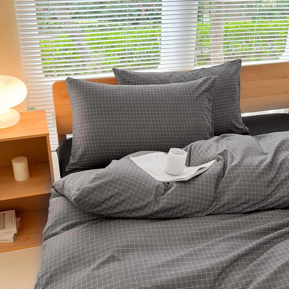 NSNLGSGC Gray Plaid Duvet Cover Set King,Charcoal Grid Simple Geometric Square Pattern Comforter Cover,Soft Washed Microfiber Bedding Cover (3PCS,King)