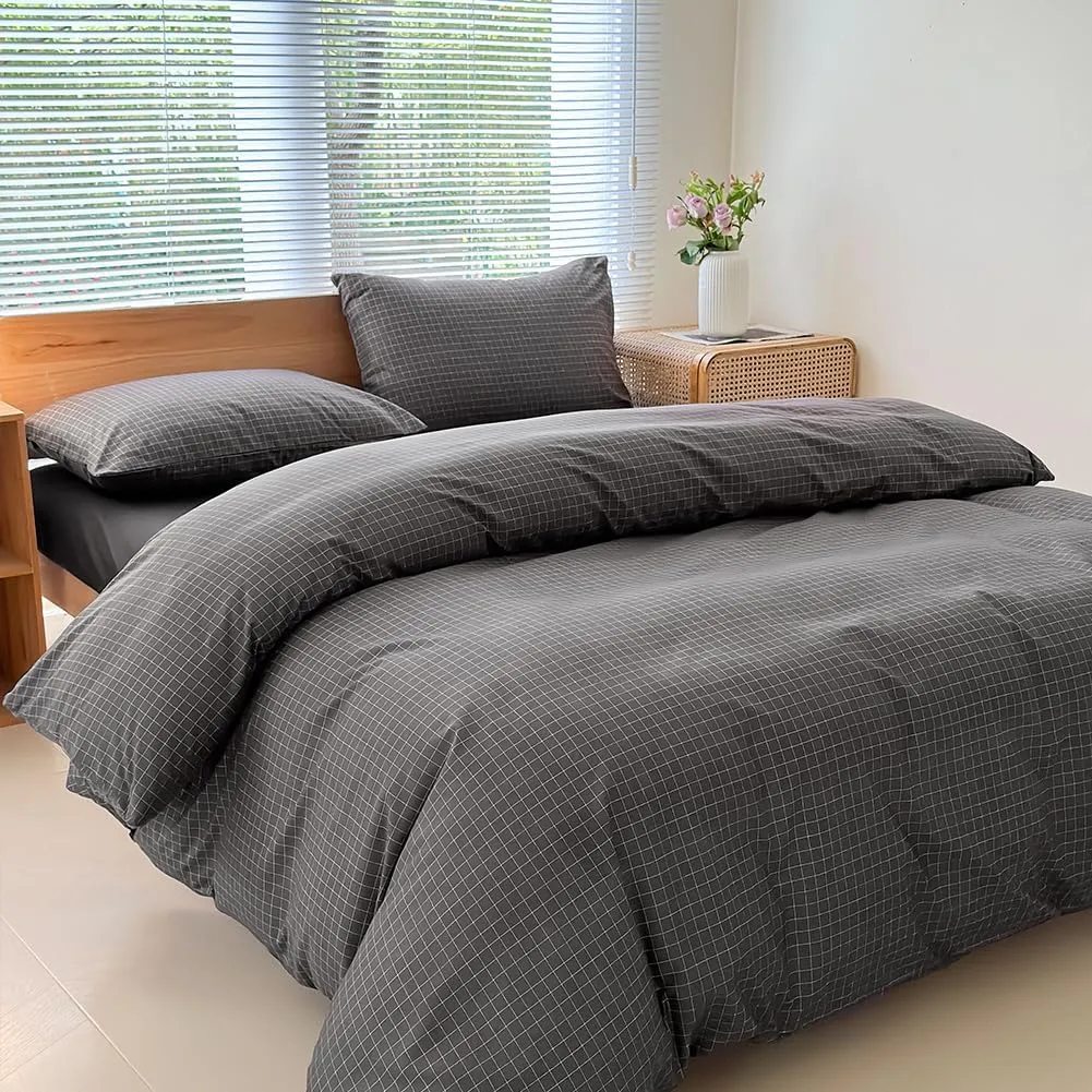 NSNLGSGC Gray Plaid Duvet Cover Set King,Charcoal Grid Simple Geometric Square Pattern Comforter Cover,Soft Washed Microfiber Bedding Cover (3PCS,King)