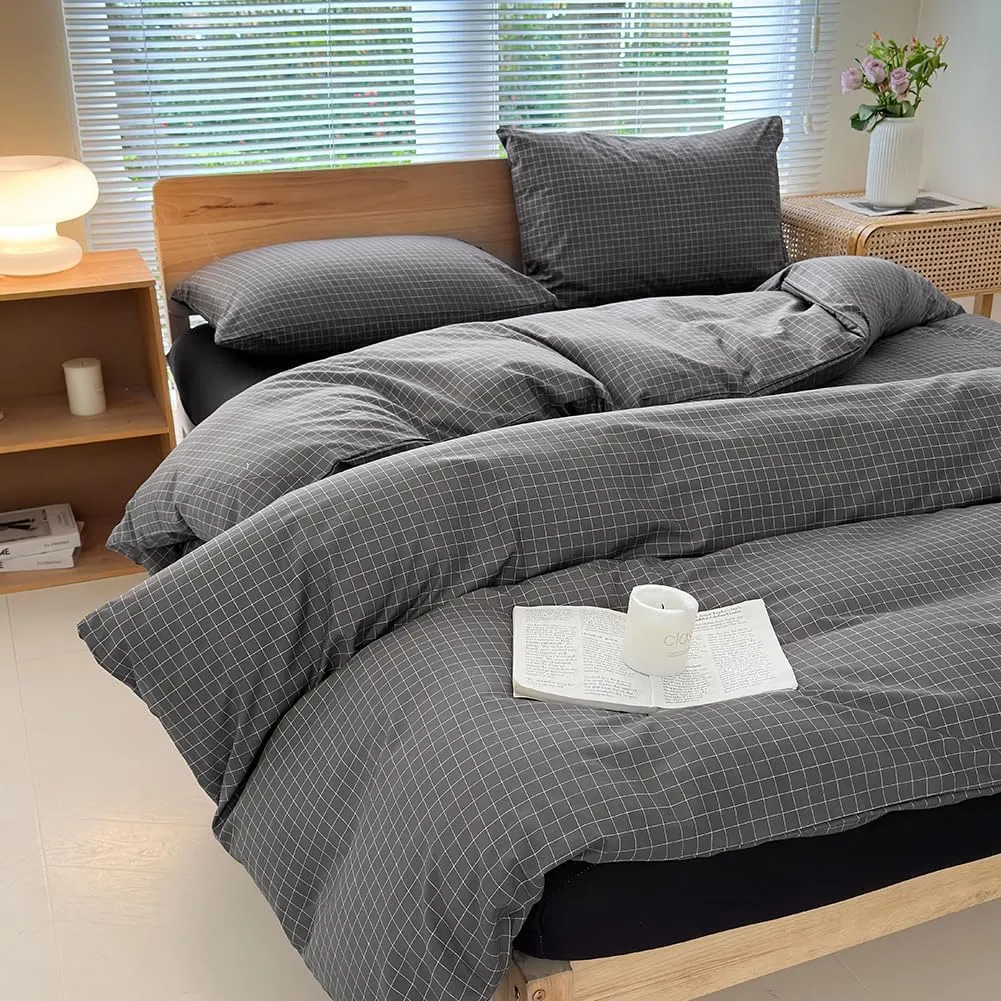 NSNLGSGC Gray Plaid Duvet Cover Set King,Charcoal Grid Simple Geometric Square Pattern Comforter Cover,Soft Washed Microfiber Bedding Cover (3PCS,King)
