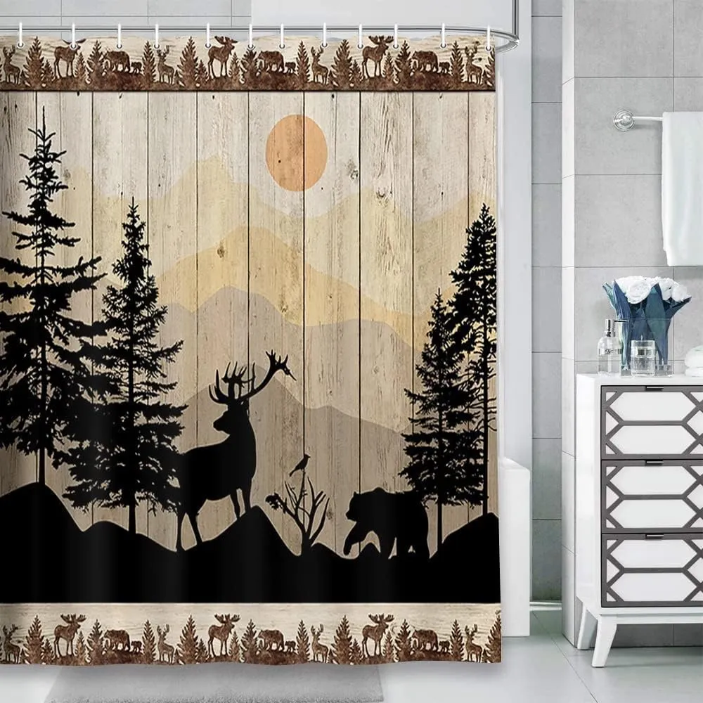 NYMB Cabin Shower Curtain, Rustic Shower Curtain Set, Cute Bear Deer Forest Print on Country Farmhouse Lodge Wooden Board Cloth Shower Curtains Bathroom Accessories with 12 Hooks, Tan Brown, (69X75)