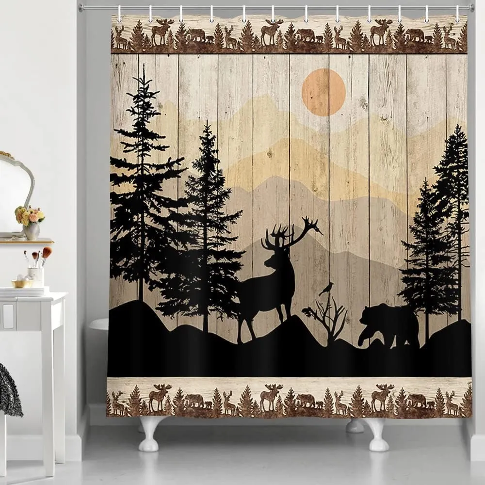 NYMB Cabin Shower Curtain, Rustic Shower Curtain Set, Cute Bear Deer Forest Print on Country Farmhouse Lodge Wooden Board Cloth Shower Curtains Bathroom Accessories with 12 Hooks, Tan Brown, (69X75)