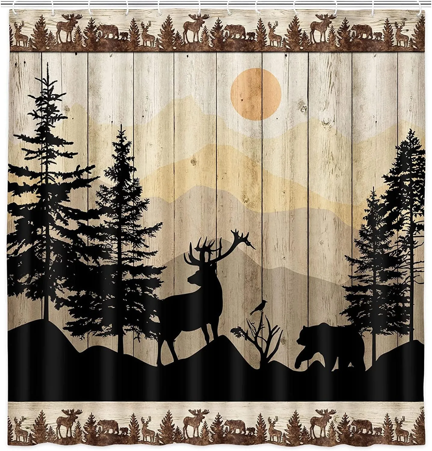 NYMB Cabin Shower Curtain, Rustic Shower Curtain Set, Cute Bear Deer Forest Print on Country Farmhouse Lodge Wooden Board Cloth Shower Curtains Bathroom Accessories with 12 Hooks, Tan Brown, (69X75)