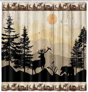 NYMB Cabin Shower Curtain, Rustic Shower Curtain Set, Cute Bear Deer Forest Print on Country Farmhouse Lodge Wooden Board Cloth Shower Curtains Bathroom Accessories with 12 Hooks, Tan Brown, (69X75)