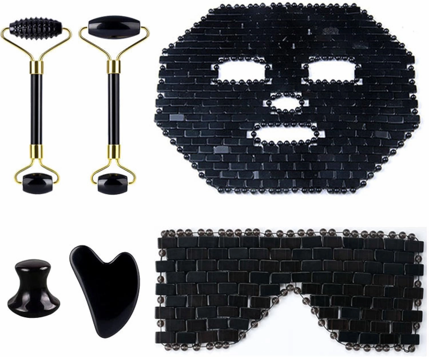 Obsidian Jade Facial Mask Gouache Scraper Roller Massager Set Natural Stone Guasha Cold Jade Mask Beauty Tool,Type 11