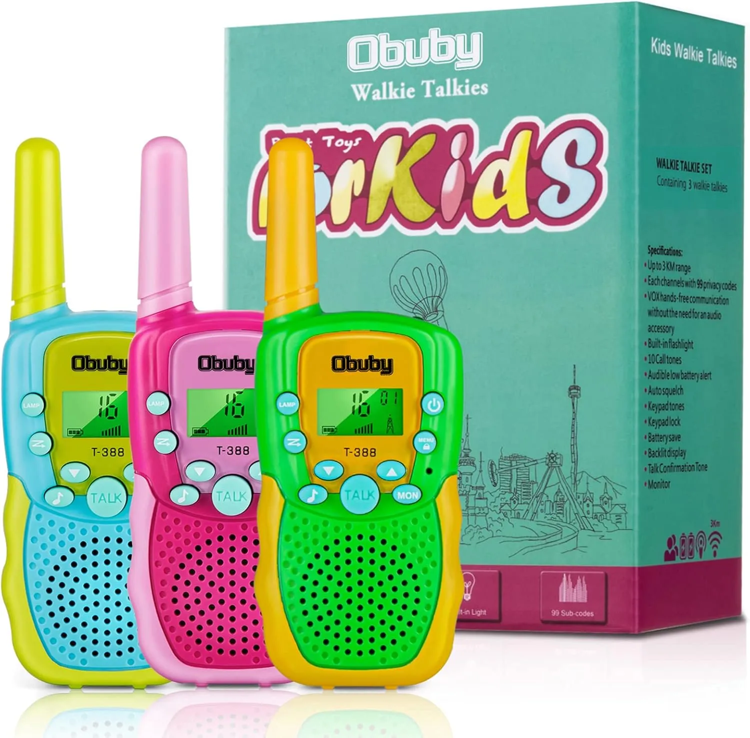 Obuby Toys for 3-12 Year Old Boys， Walkie Talkies for Kids 22 Channels 2 Way Radio Gifts Toys with Backlit LCD Flashlight 3 KMs Range Gift Toys for Age 3 up Boy and Girls to Outside , Hiking, Camping