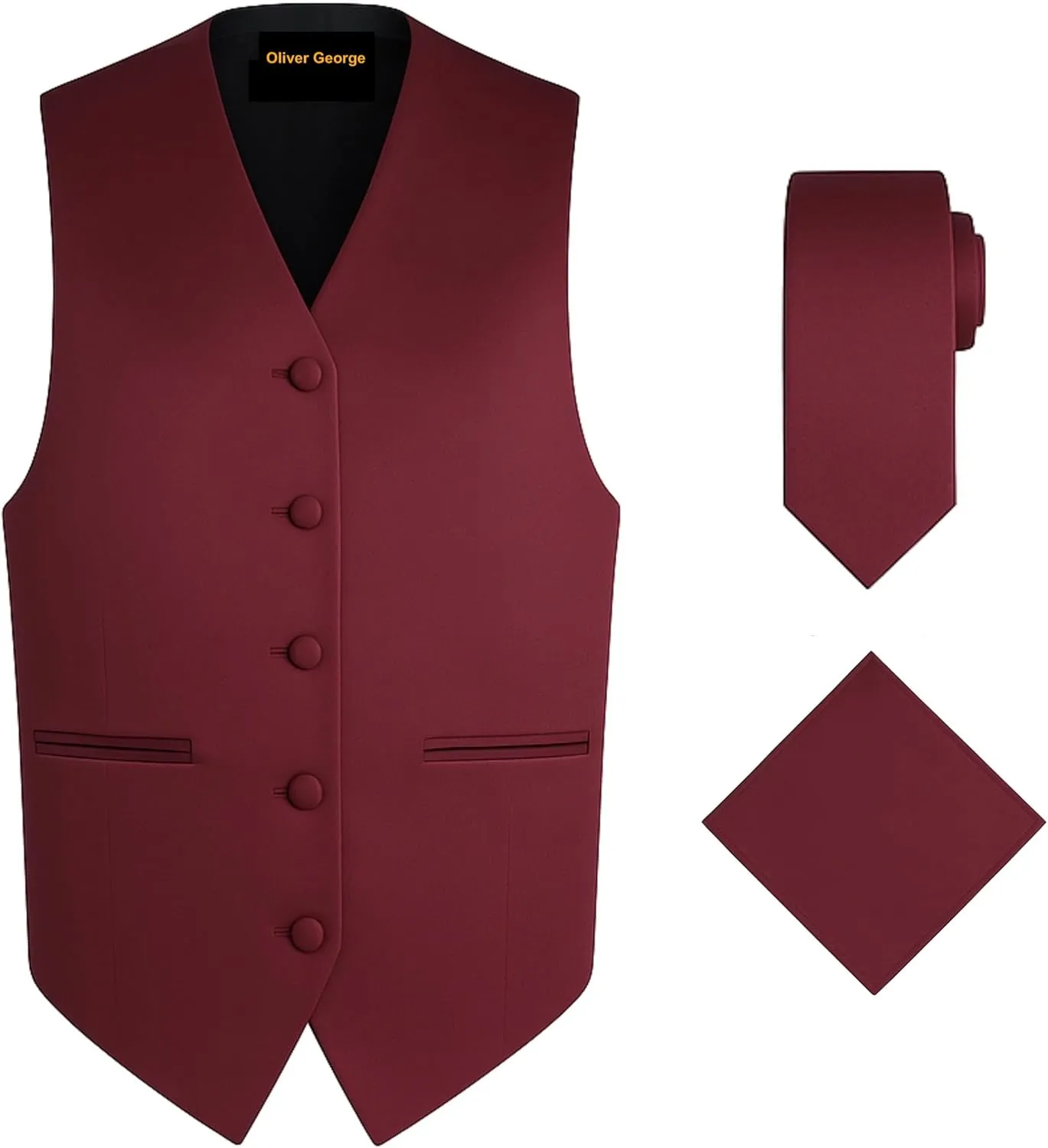 Oliver George 3pc Men's Solid Formal Waistcoat Tuxedo Dress Vest Necktie Handkerchief Set For Suit or Tuxedo