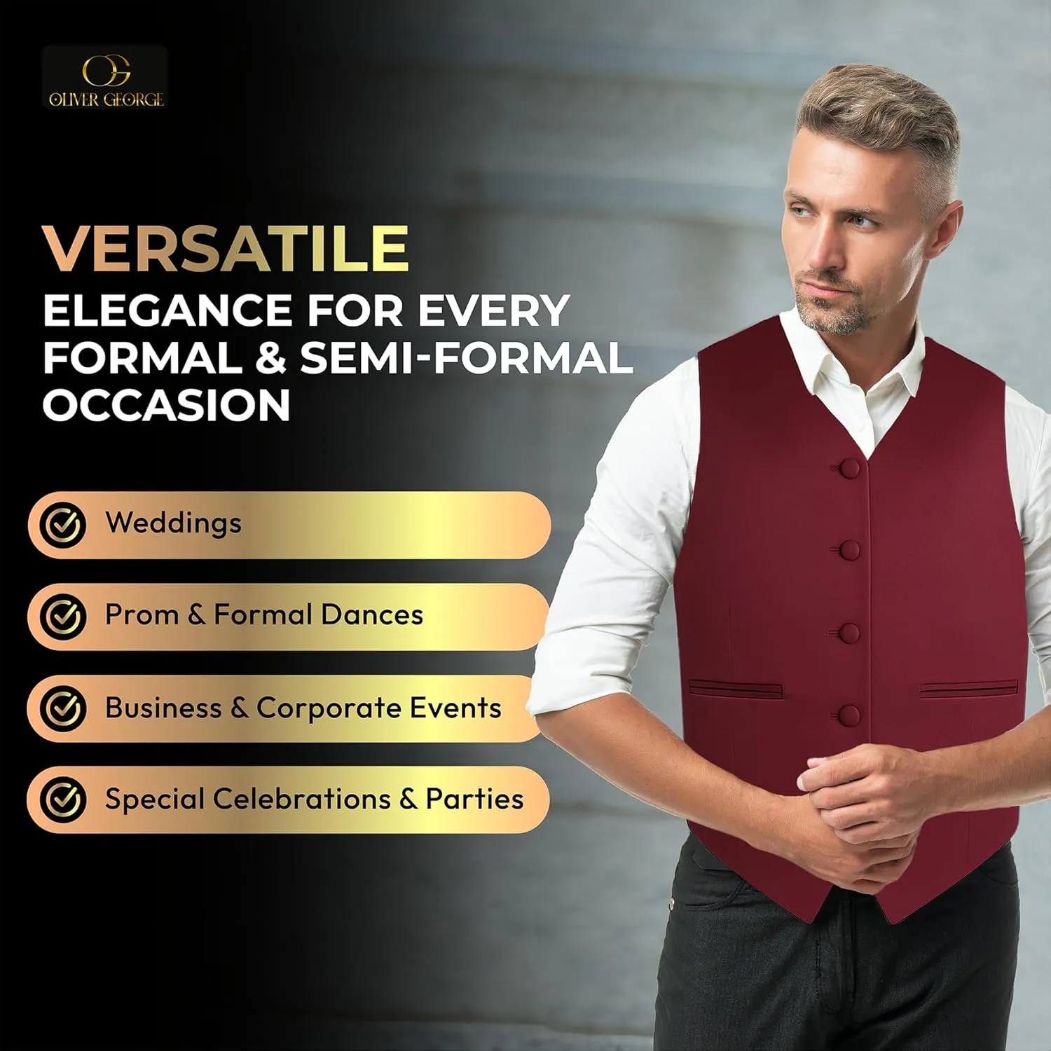 Oliver George 3pc Men's Solid Formal Waistcoat Tuxedo Dress Vest Necktie Handkerchief Set For Suit or Tuxedo