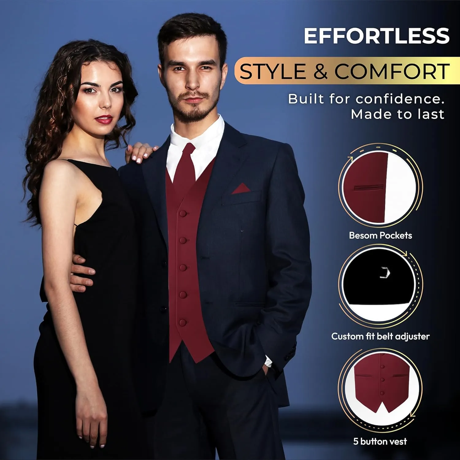 Oliver George 3pc Men's Solid Formal Waistcoat Tuxedo Dress Vest Necktie Handkerchief Set For Suit or Tuxedo