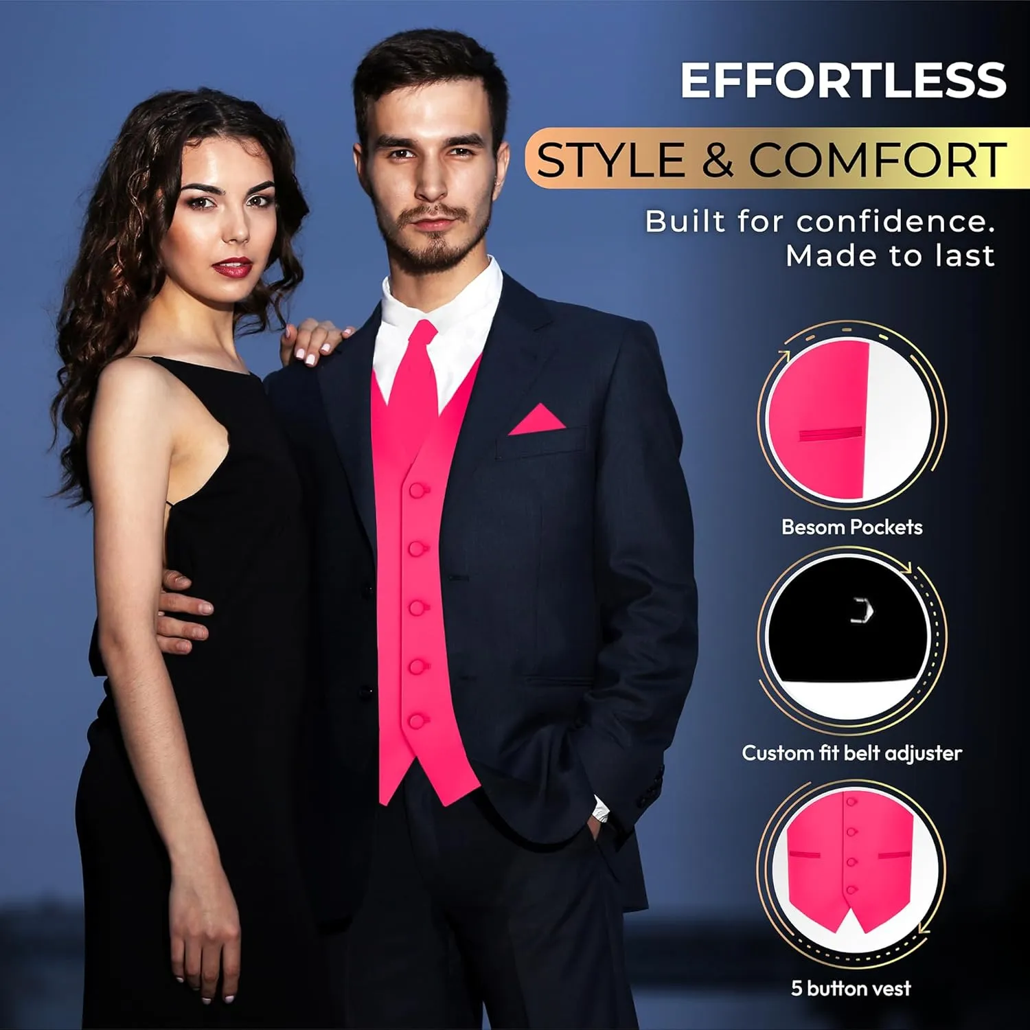 Oliver George 3pc Men's Solid Formal Waistcoat Tuxedo Dress Vest Necktie Handkerchief Set For Suit or Tuxedo