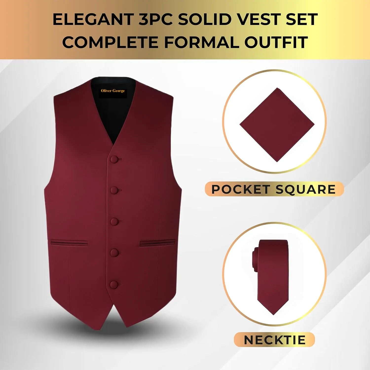 Oliver George 3pc Men's Solid Formal Waistcoat Tuxedo Dress Vest Necktie Handkerchief Set For Suit or Tuxedo