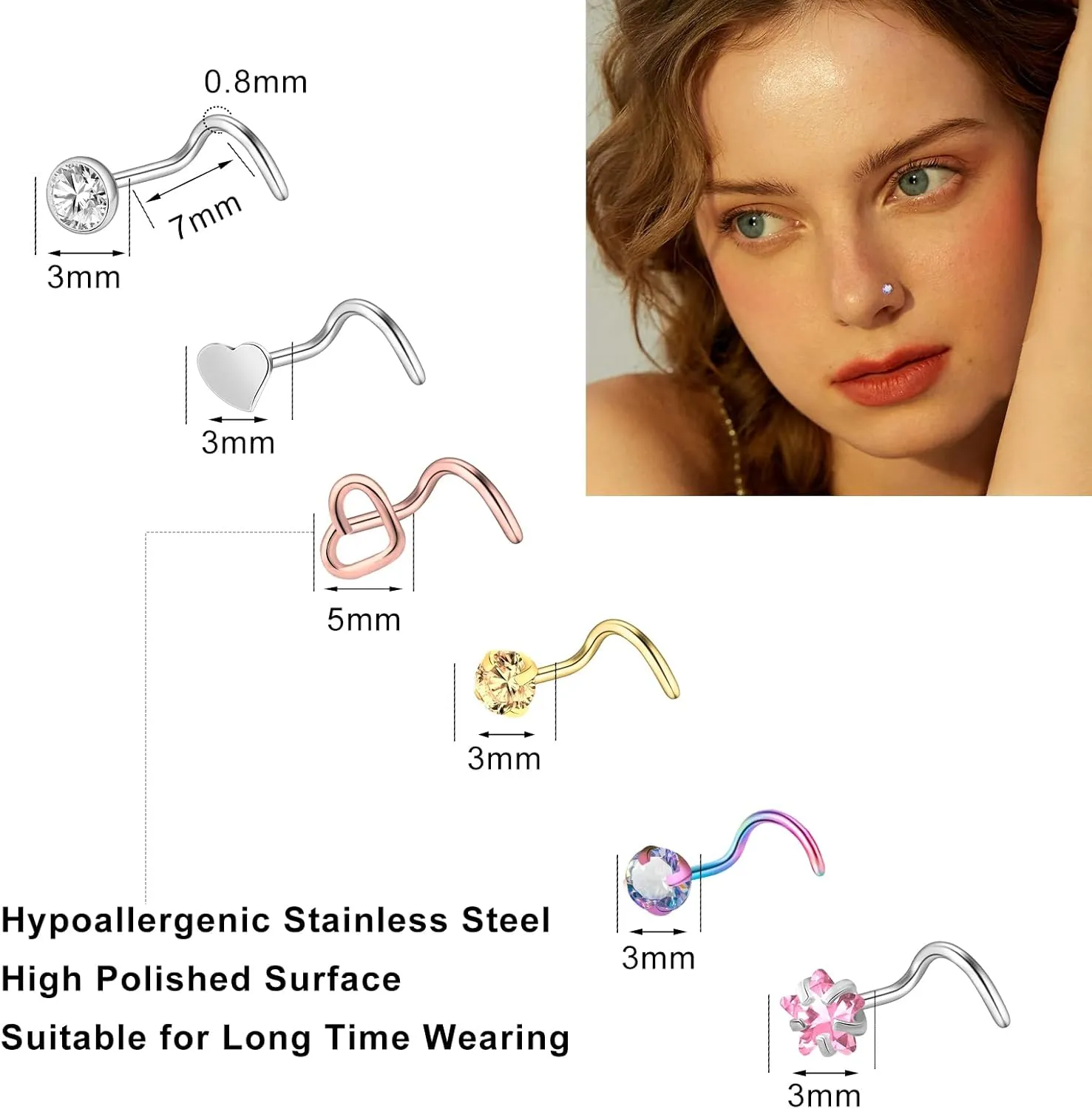 ONESING 36-44 Pcs 18G 20G Nose Rings Studs Nose Rings for Women Nose Piercings Jewelry Surgical Stainless Steel Nose Studs Moon Star Heart Butterfly Hypoallergenic Body Piercing Jewelry for Women Men