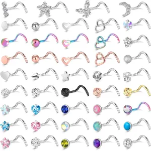 ONESING 36-44 Pcs 18G 20G Nose Rings Studs Nose Rings for Women Nose Piercings Jewelry Surgical Stainless Steel Nose Studs Moon Star Heart Butterfly Hypoallergenic Body Piercing Jewelry for Women Men