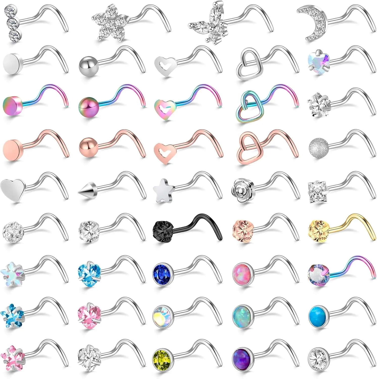 ONESING 36-44 Pcs 18G 20G Nose Rings Studs Nose Rings for Women Nose Piercings Jewelry Surgical Stainless Steel Nose Studs Moon Star Heart Butterfly Hypoallergenic Body Piercing Jewelry for Women Men