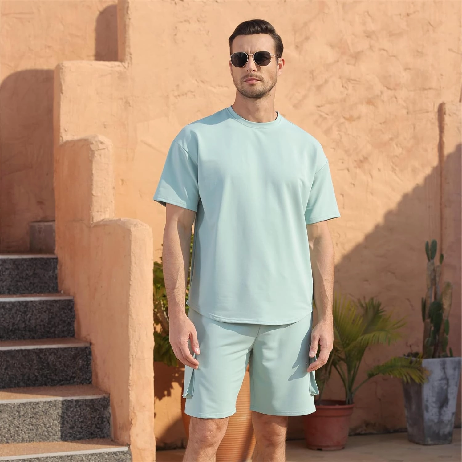 Opomelo Mens Short Sets 2 Piece Outfits - Casual Summer Short Sleeve Sweatsuits Sets for Men with Cargo Pocket