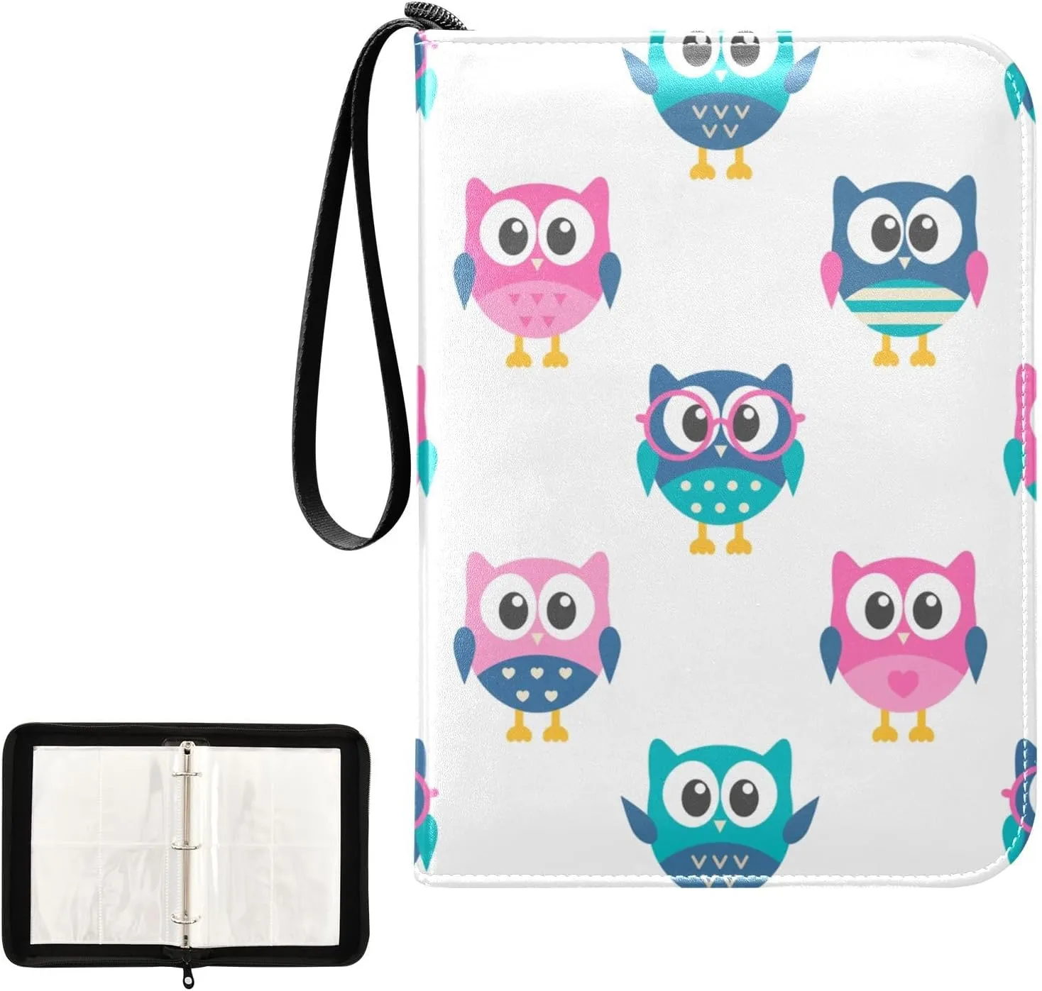 OTVEE Card Binder Funny Colorful Owls Trading Card Album with 50 Removable Sleeves Fits 400 Cards