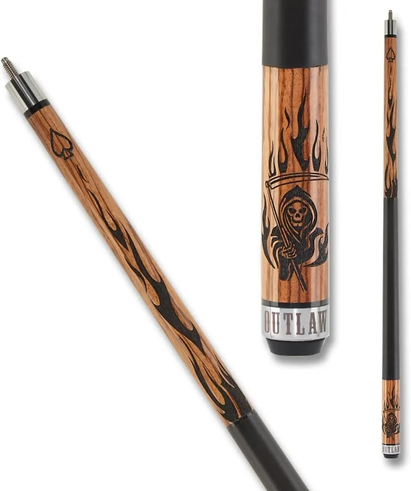 OUTLAW OL50 Thunder Pool Cue - Zebrawood with Black Flames and Reaper Design