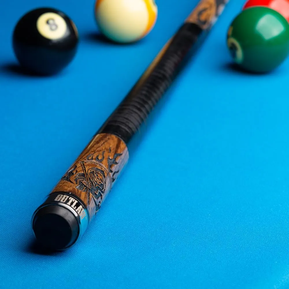 OUTLAW OL50 Thunder Pool Cue - Zebrawood with Black Flames and Reaper Design