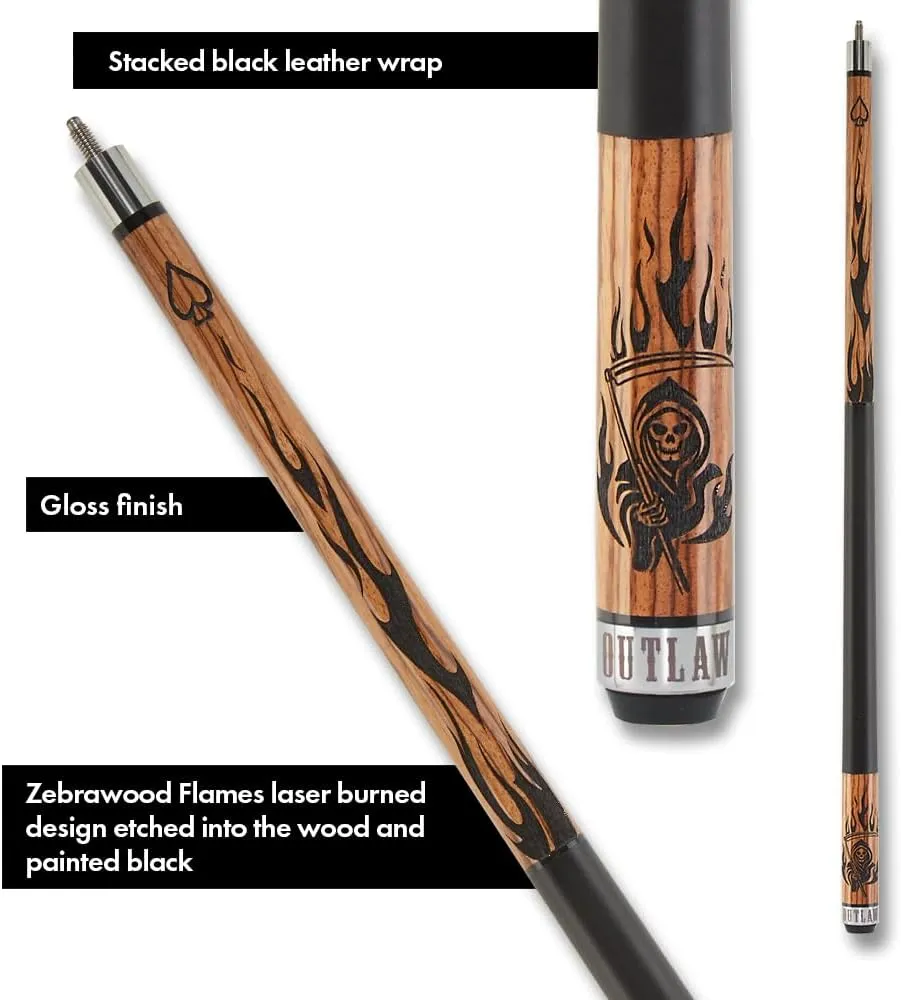 OUTLAW OL50 Thunder Pool Cue - Zebrawood with Black Flames and Reaper Design