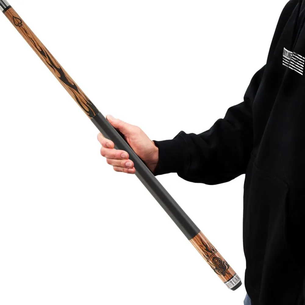 OUTLAW OL50 Thunder Pool Cue - Zebrawood with Black Flames and Reaper Design