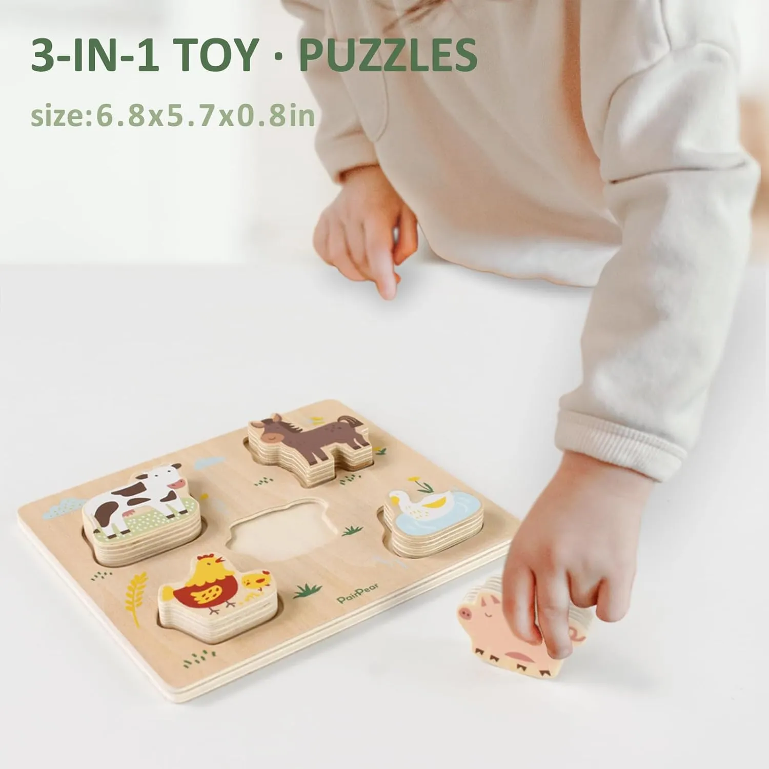 PairPear Educational Toys Set 3 in 1 - Wooden Toys Shape Sorter Cubes - Activity Stacking Toys - Animal Todder Puzzles - Classic Learning Toys Gift for Baby 1 Year Old and Up.