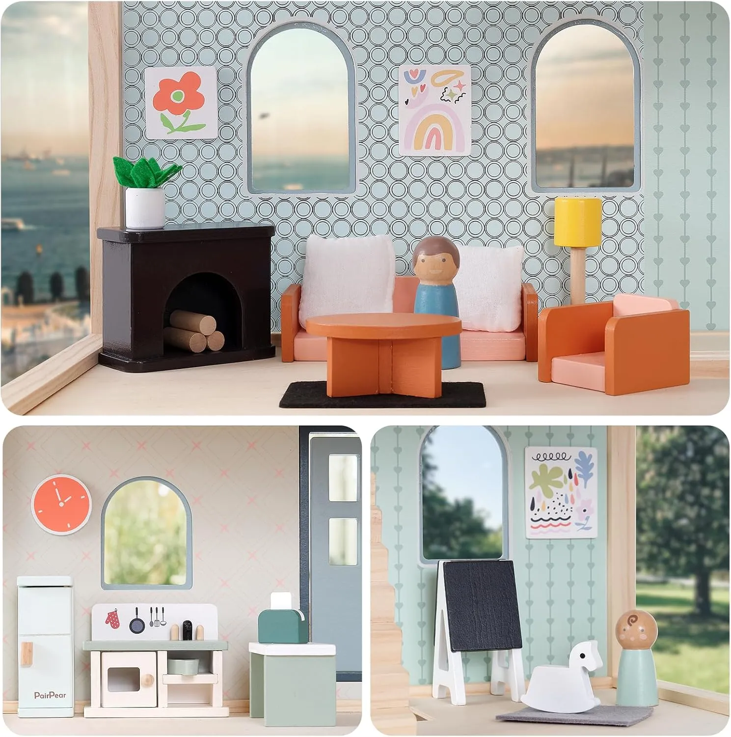 PairPear Wooden Dollhouse Furniture Set,56 Pieces Doll Furnitures with 5 Room Kits Play Fingers,Doll House Miniature Furniture Pretend Play Toys Gift for Toddler Boys and Girls 3Y 