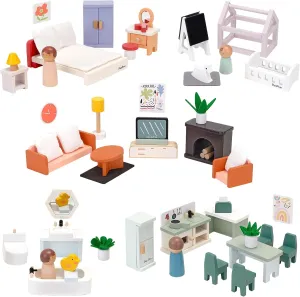 PairPear Wooden Dollhouse Furniture Set,56 Pieces Doll Furnitures with 5 Room Kits Play Fingers,Doll House Miniature Furniture Pretend Play Toys Gift for Toddler Boys and Girls 3Y 