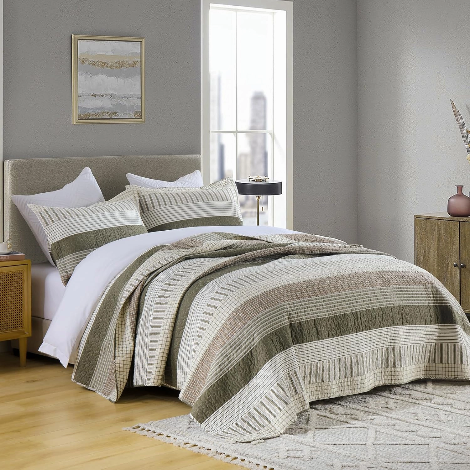 PANGUSHAN 100% Cotton Quilt Set King Size, Patchwork King Quilt Bedding Set Bedspreads, Farmhouse Lightweight Comforter Reversible Quilt, King Bed Spread for All Season, Green/Brown/Cream