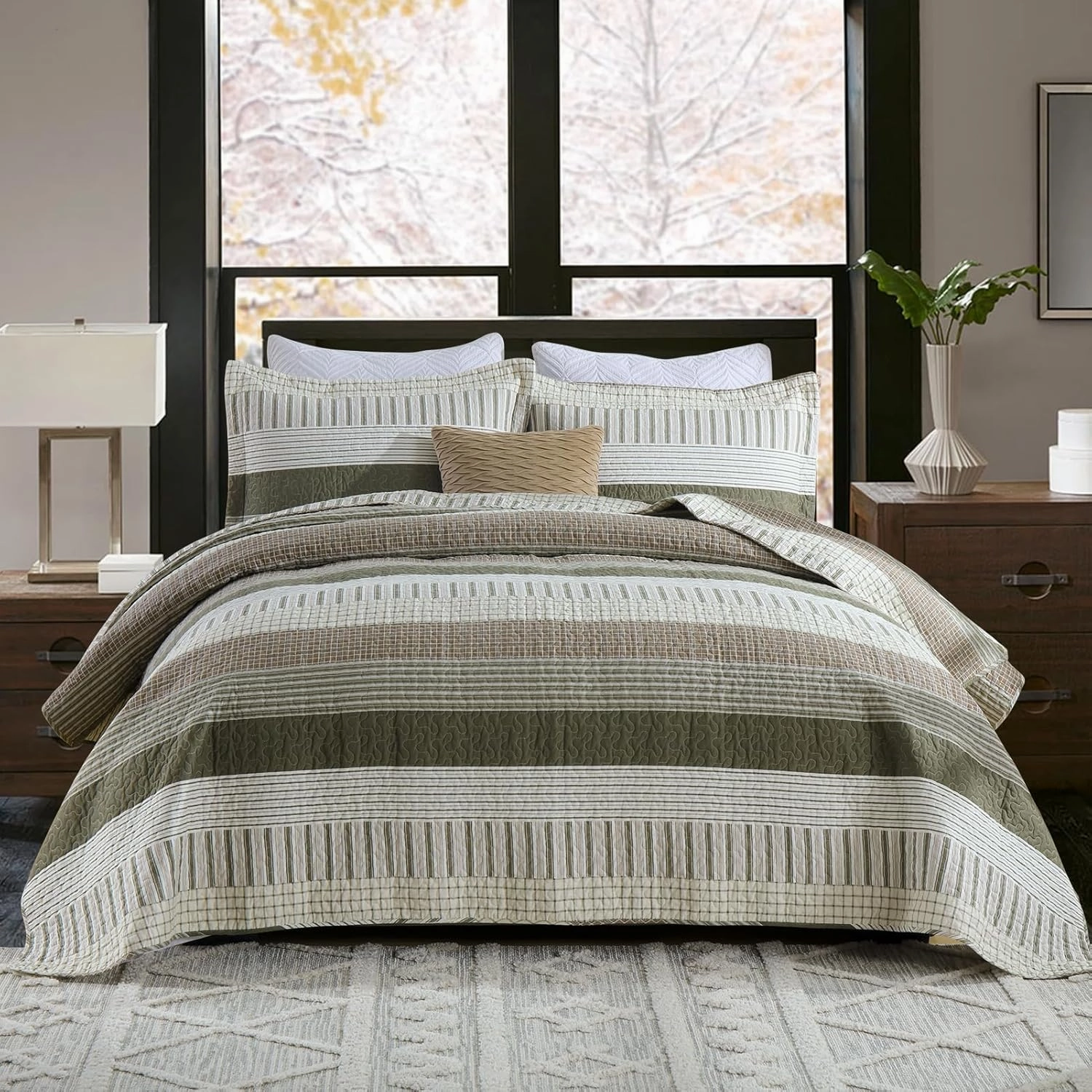 PANGUSHAN 100% Cotton Quilt Set King Size, Patchwork King Quilt Bedding Set Bedspreads, Farmhouse Lightweight Comforter Reversible Quilt, King Bed Spread for All Season, Green/Brown/Cream
